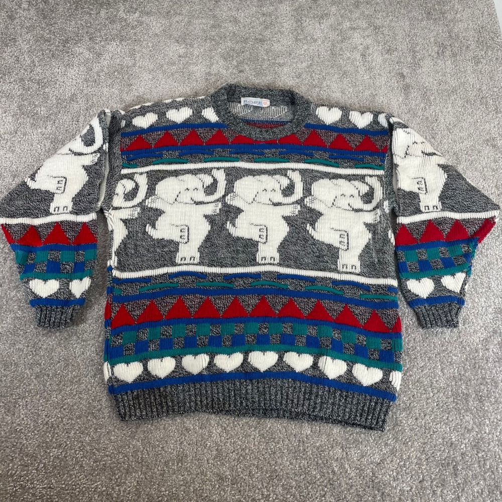 Vintage Sweater Mens Medium Knit Elephant Hearts Made in USA (Sz Tag 44)